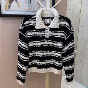 Rachel Zoe Black & White Striped Teddy Bouclé Polo pull over